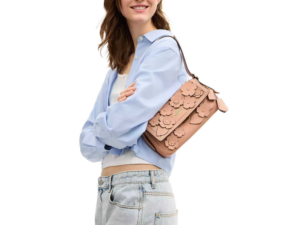 Coach Women's Etta Small Flap Shoulder Bag With Floral Applique Gold/Light Pink