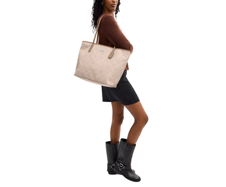 Coach Women's Large City Tote Bag In Maxi Signature Canvas Silver/Sand/Taupe