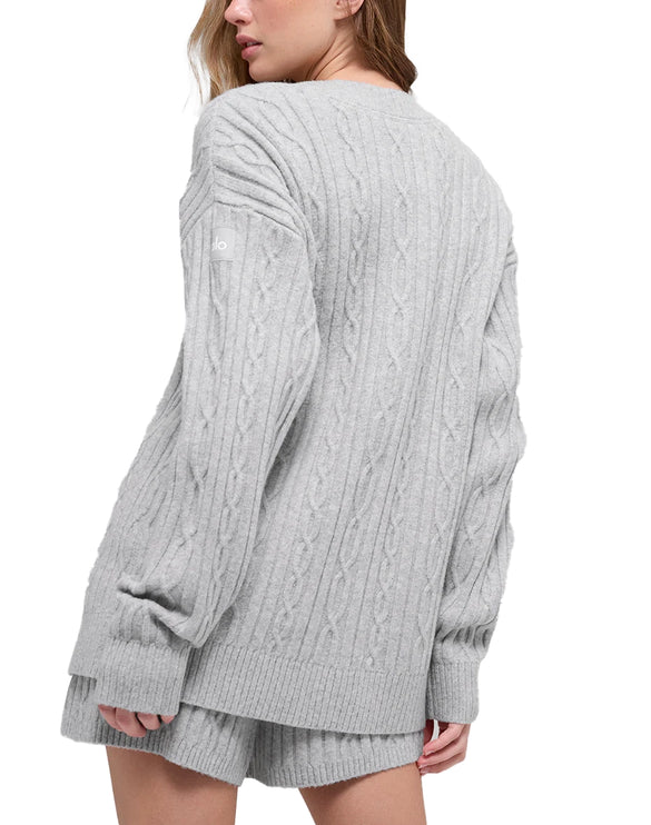 alo Women's Cable Knit Winter Bliss Cardigan Athletic Heather Grey