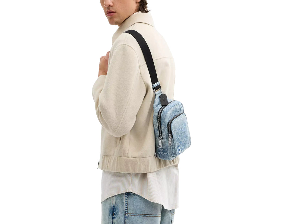 Coach Unisex Racer Sling Pack In Loved Signature Denim Silver/Light Indigo