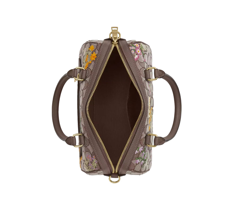 Coach Women's Rowan Satchel Bag In Signature Jacquard With Floral Embroidery Gold/Oak Multi