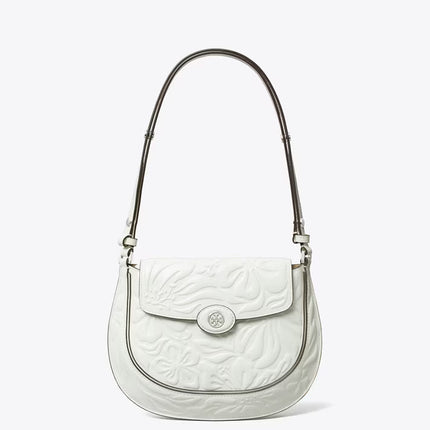 Tory Burch Women's Robinson Floral Embossed Saddlebag Blanc