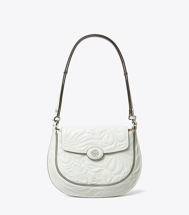 Tory Burch Women's Robinson Floral Embossed Saddlebag Blanc