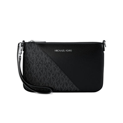 Michael Kors Women's Jet Set Travel Small Signature Logo and Smooth Wristlet Silver/Black