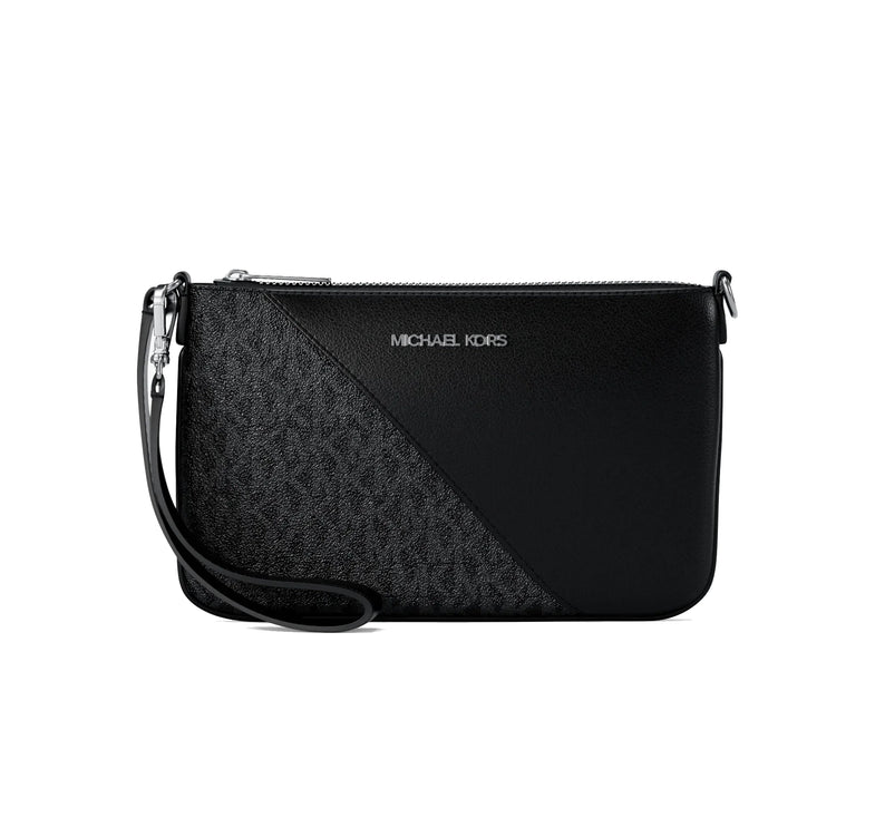 Michael Kors Women's Jet Set Travel Small Signature Logo and Smooth Wristlet Silver/Black