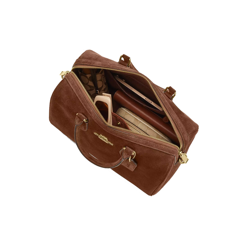Coach Women's Rowan Large Satchel Bag Suede/Gold/Warm Brown