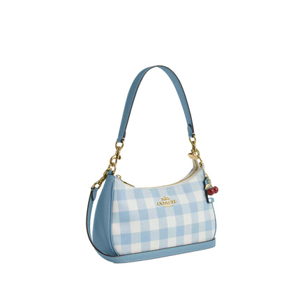 Coach Women's Teri Shoulder Bag With Gingham Print And Charm Gold/Blue Multi