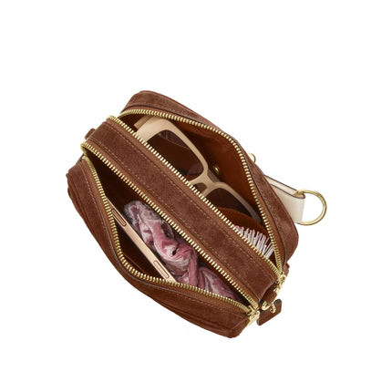 Coach Women's Mini Carey Crossbody Bag Suede/Gold/Warm Brown