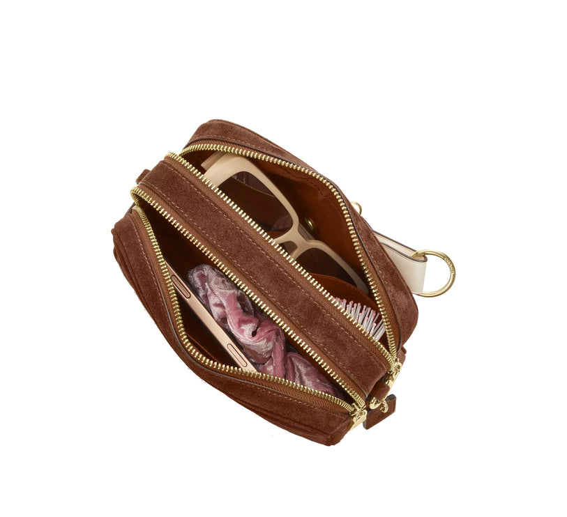 Coach Women's Mini Carey Crossbody Bag Suede/Gold/Warm Brown