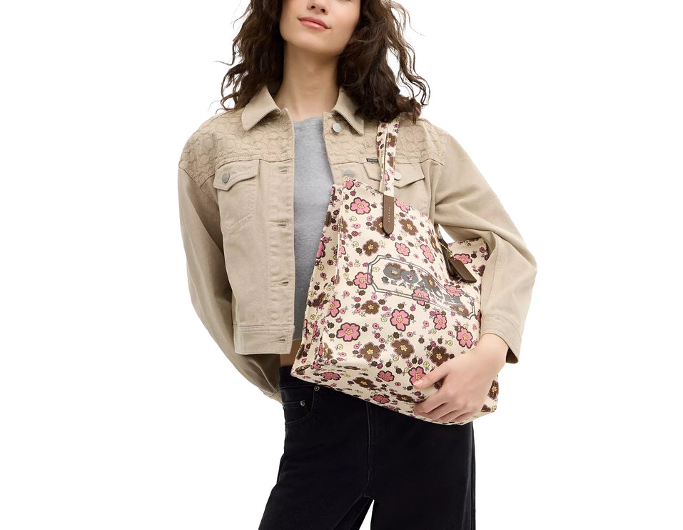 Coach Women's Canvas Tote Bag With Floral Print Gold/Chestnut Tropical Floral
