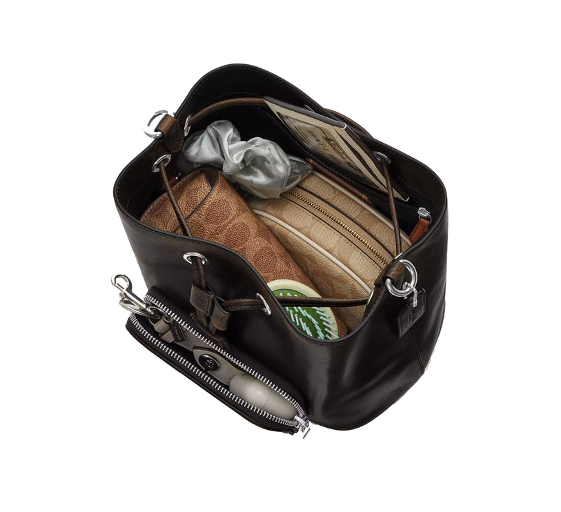 Coach Women's Rowan Bucket Bag With Pocket In Loved Leather Silver/Black Brown