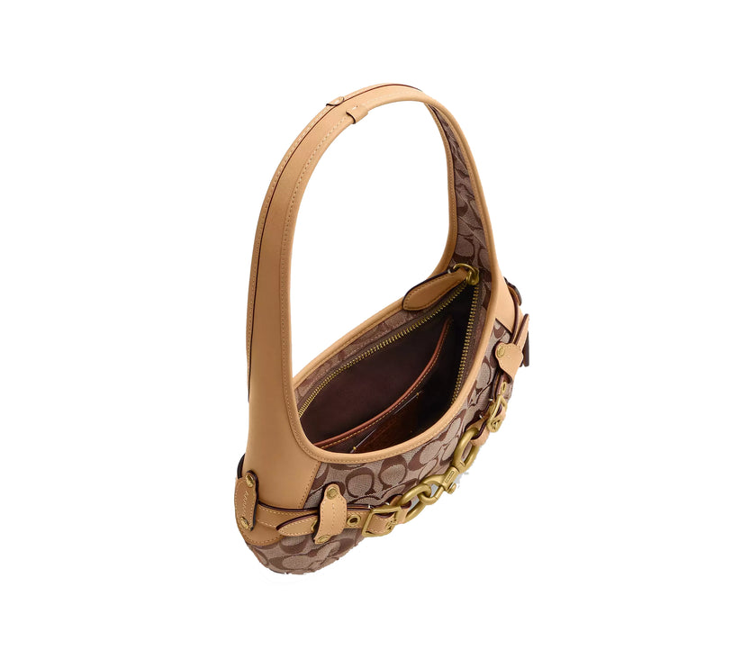 Coach Women's Belted Ergo Shoulder Bag 26 In Signature Jacquard Brass/Khaki Light Peach
