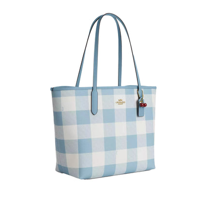 Coach Women's City Tote Bag With Gingham Print And Charm Gold/Blue Multi