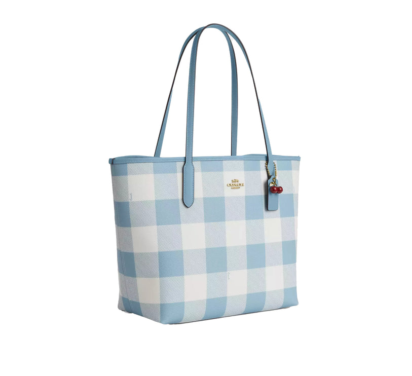 Coach Women's City Tote Bag With Gingham Print And Charm Gold/Blue Multi