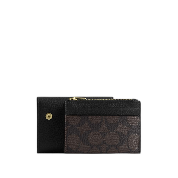 Coach Women's Card Holder Wallet In Signature Canvas Gold/Walnut/Black