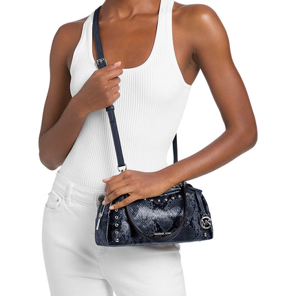 Michael Kors Women's Cecily Small Studded Snake Embossed Shoulder Bag Navy/Silver