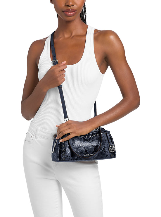 Michael Kors Women's Cecily Small Studded Snake Embossed Shoulder Bag Navy/Silver