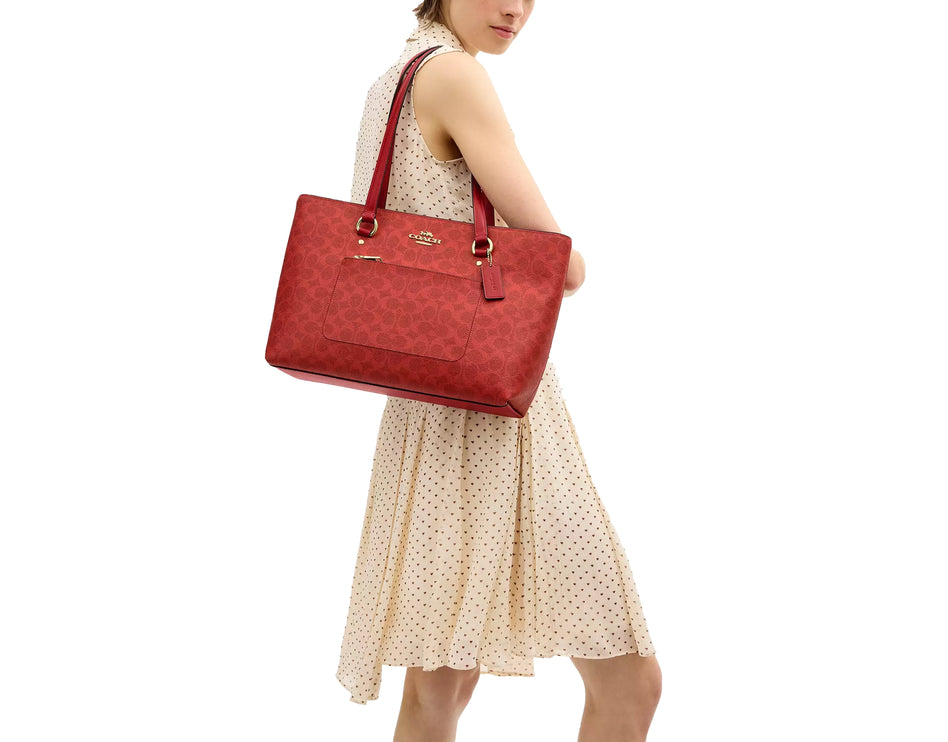 Coach Women's Station Tote Bag In Signature Canvas Gold/Crimson