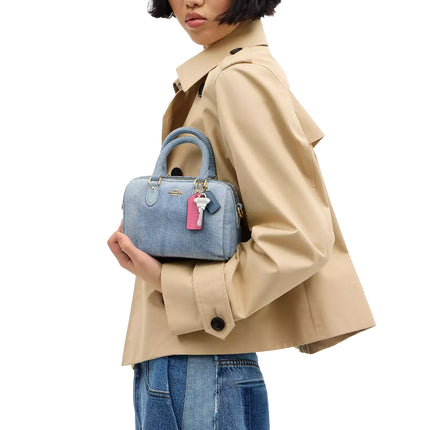 Coach Women's  Mini Rowan Crossbody Bag In Loved Denim With Charms Gold/Light Indigo