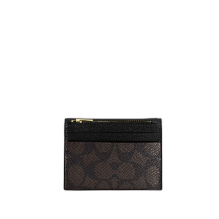 Coach Women's Card Holder Wallet In Signature Canvas Gold/Walnut/Black