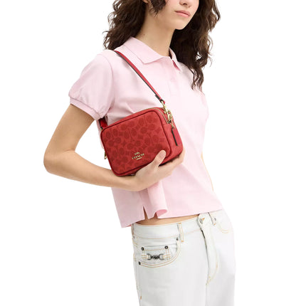 Coach Women's Mini Carey Crossbody Bag In Signature Canvas Gold/Crimson