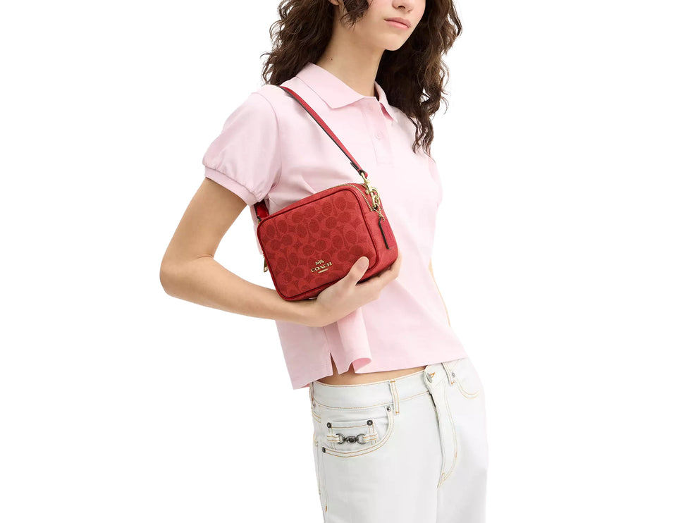 Coach Women's Mini Carey Crossbody Bag In Signature Canvas Gold/Crimson