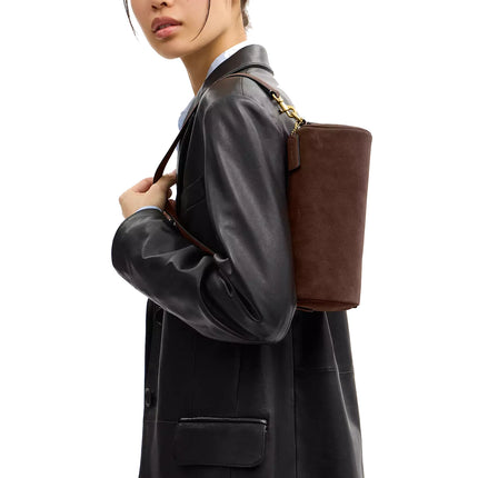 Coach Women's Barrel Bag Suede/Brass/Dark Chocolate