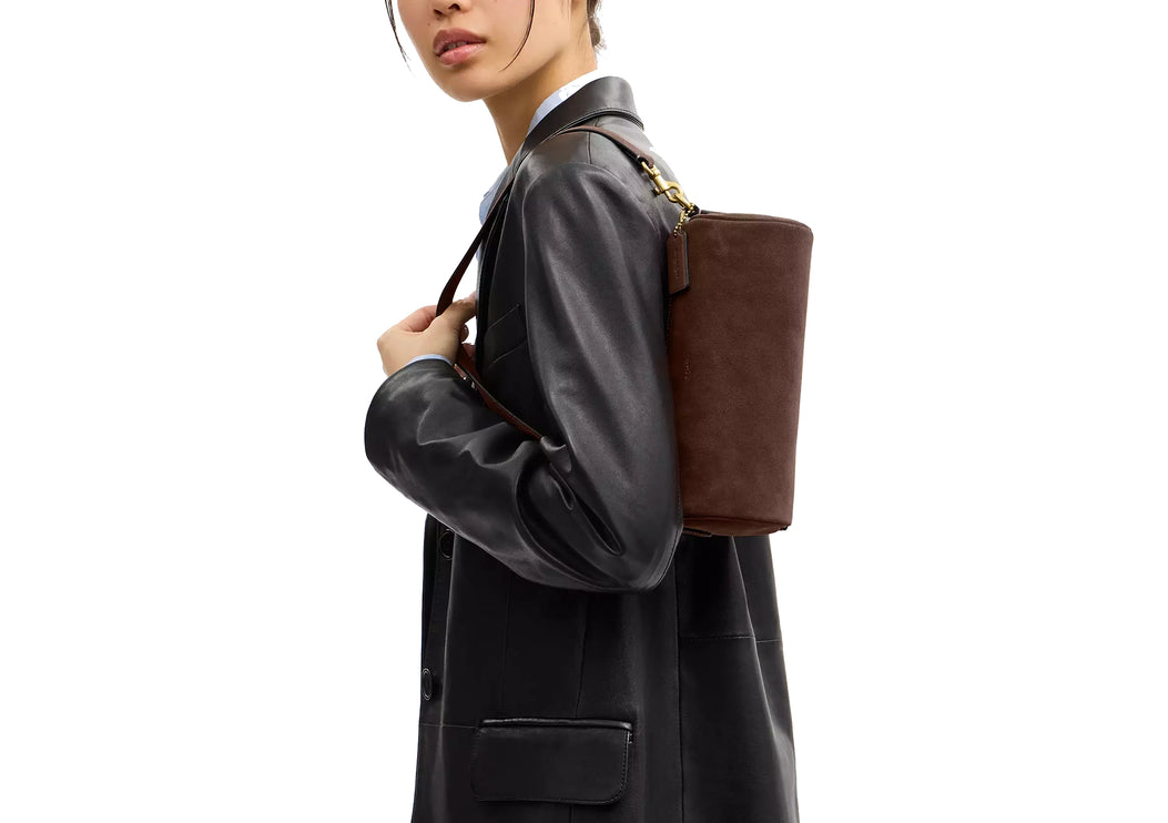Coach Women's Barrel Bag Suede/Brass/Dark Chocolate