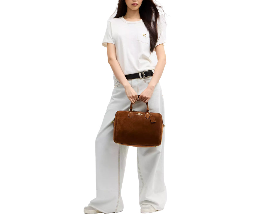 Coach Women's Rowan Large Satchel Bag Suede/Gold/Warm Brown