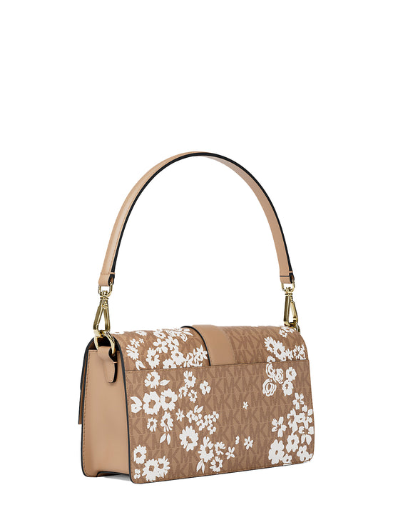Michael Kors Women's Greenwich Medium Printed Signature Logo Convertible Shoulder Bag Camel/Gold