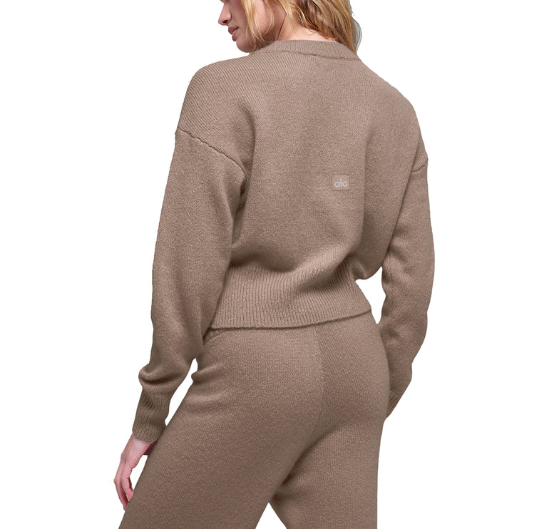 alo Women's Wool Cashmere Cropped New Class Crewneck Sweater Chai Latte