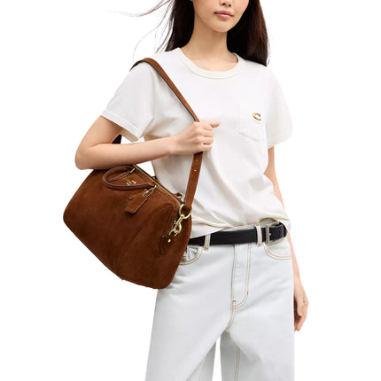 Coach Women's Rowan Large Satchel Bag Suede/Gold/Warm Brown