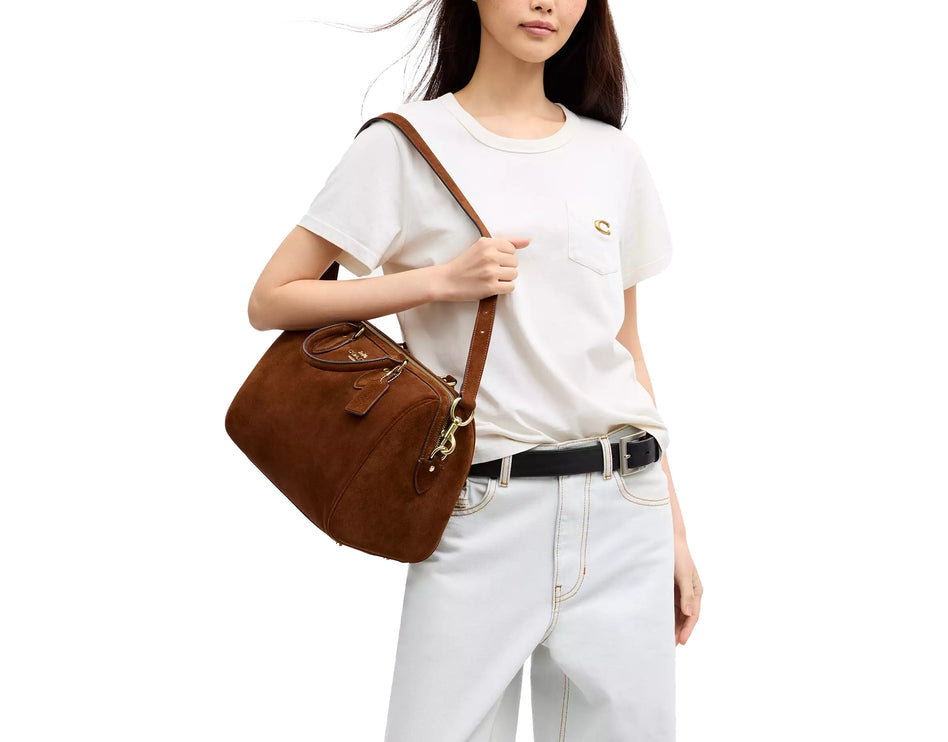 Coach Women's Rowan Large Satchel Bag Suede/Gold/Warm Brown
