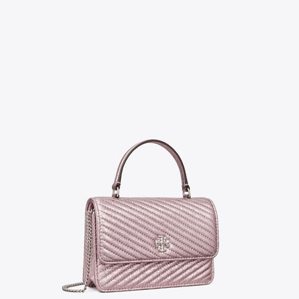 Tory Burch Women's Mini Kira Moto Quilt Metallic Top-Handle Crossbody Sparkle Pink