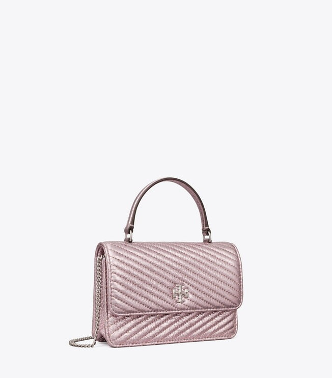 Tory Burch Women's Mini Kira Moto Quilt Metallic Top-Handle Crossbody Sparkle Pink