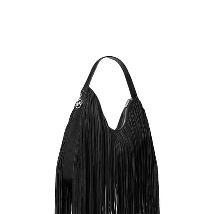 Michael Kors Women's Nayla Medium Frayed Suede Hobo Shoulder Bag Black/Silver