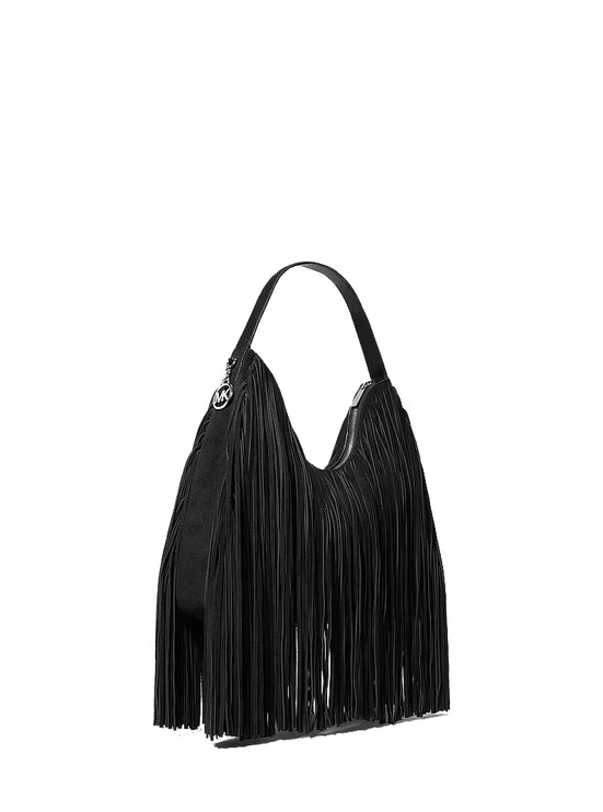 Michael Kors Women's Nayla Medium Frayed Suede Hobo Shoulder Bag Black/Silver