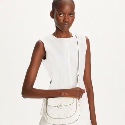 Tory Burch Women's Robinson Floral Embossed Saddlebag Blanc