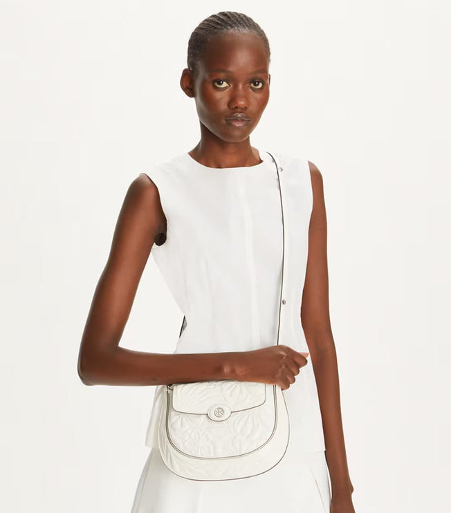 Tory Burch Women's Robinson Floral Embossed Saddlebag Blanc