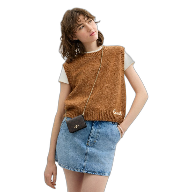 Coach Women's Mini Wallet On A Chain In Signature Canvas Gold/Walnut/Black