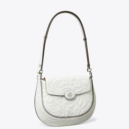 Tory Burch Women's Robinson Floral Embossed Saddlebag Blanc