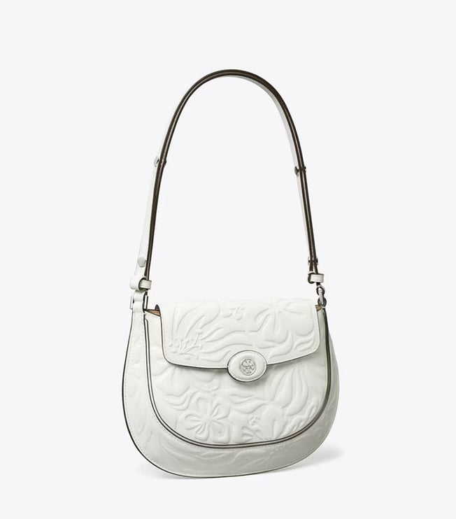 Tory Burch Women's Robinson Floral Embossed Saddlebag Blanc