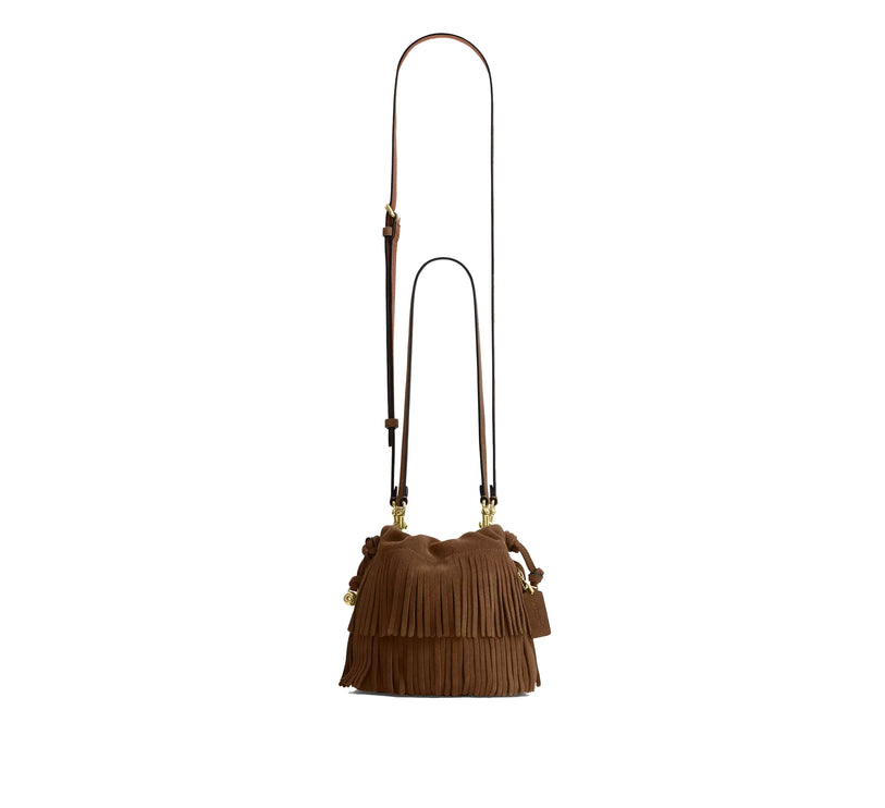 Coach Women's Faye Mini Drawstring Bag With Fringe Suede/Gold/Cedar