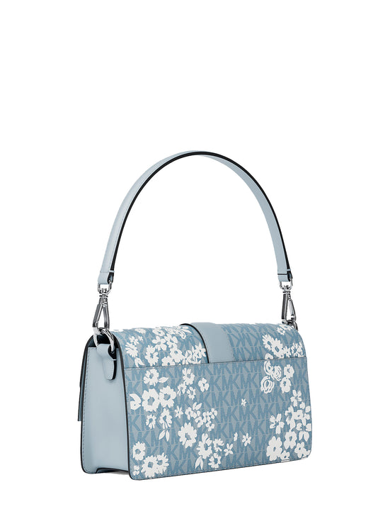 Michael Kors Women's Greenwich Medium Printed Signature Logo Convertible Shoulder Bag Pale Ocean/Silver