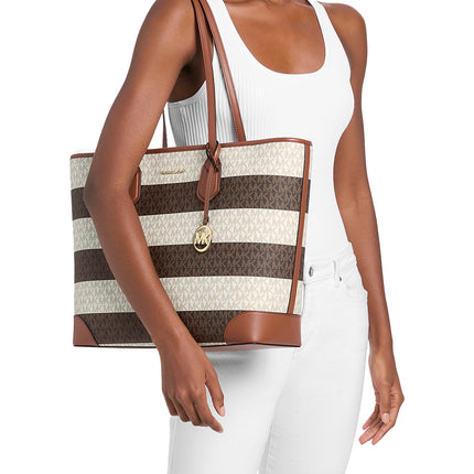 Michael Kors Women's Eva Large Striped Signature Logo Tote Bag Vanilla/Luggage/Gold