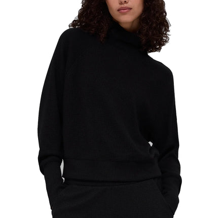 alo Women's Waffle Weekend Escape Mock Neck Long Sleeve Black