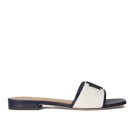Polo Ralph Lauren Women's Everley Leather-Trim Canvas Slide Sandal Natural/Refined Navy