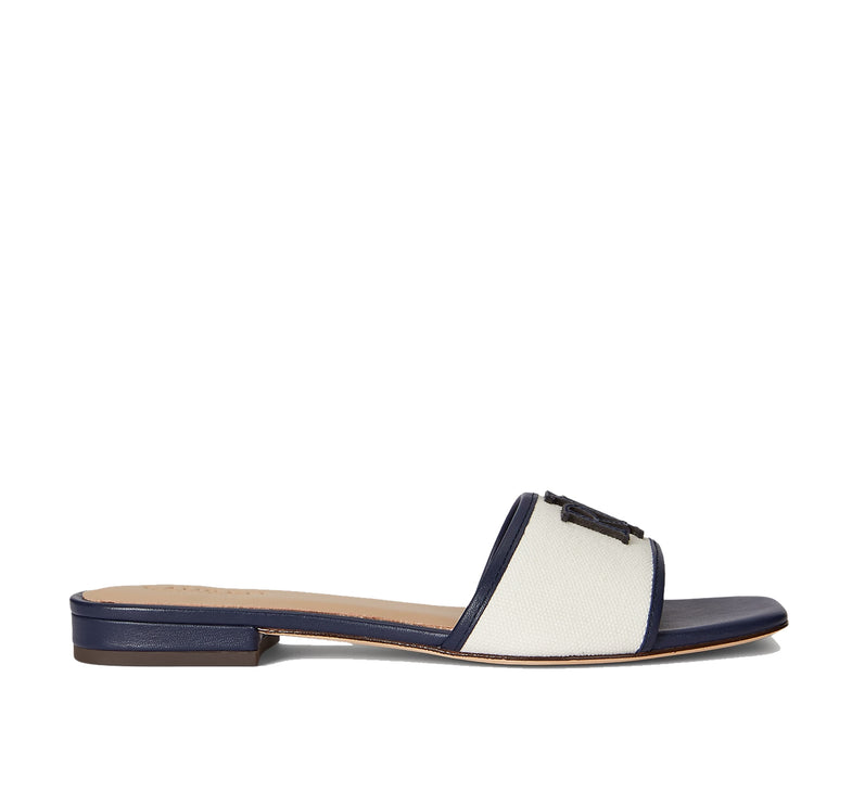 Polo Ralph Lauren Women's Everley Leather-Trim Canvas Slide Sandal Natural/Refined Navy