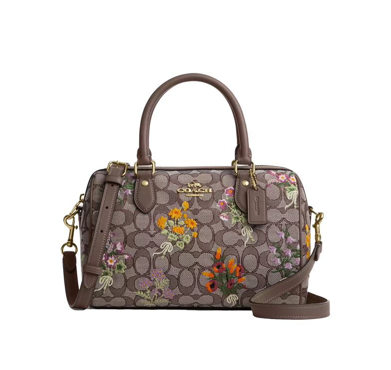 Coach Women's Rowan Satchel Bag In Signature Jacquard With Floral Embroidery Gold/Oak Multi