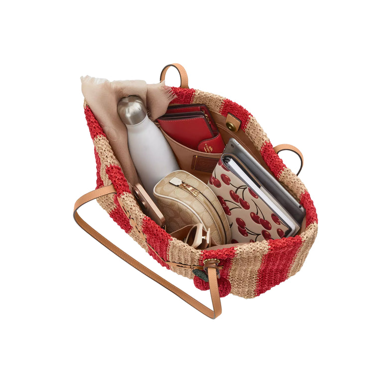 Coach Women's City Tote Bag With Stripes And Charm Gold/Red/Tan